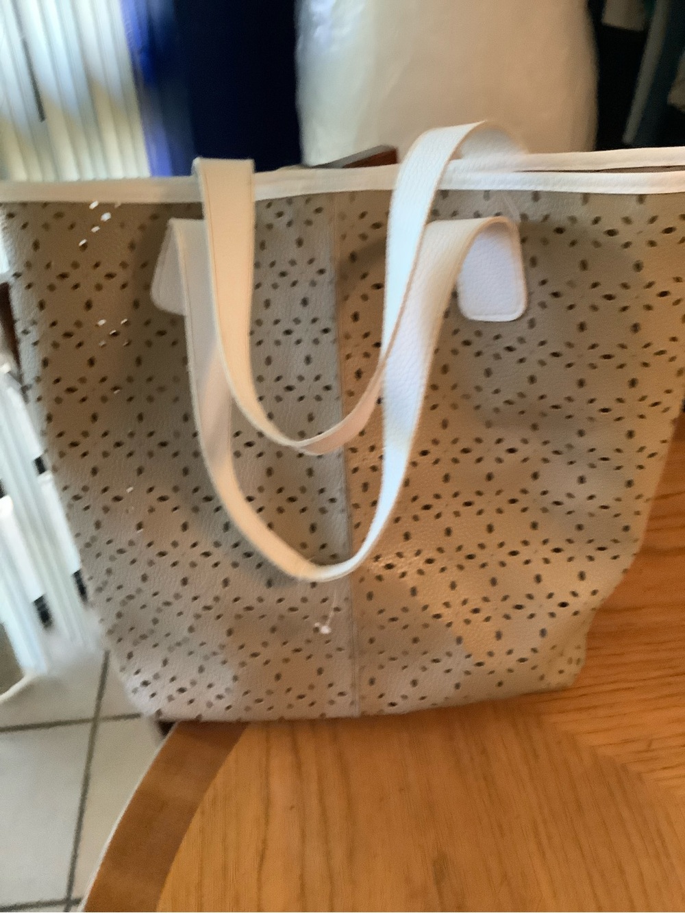 Saks Fifth Avenue Beige Tote with White Straps